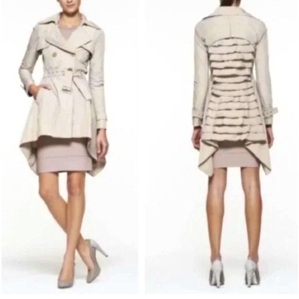 BCBGMAXAZRIA OPHELIA RUFFEL HEM TRENCH COAT